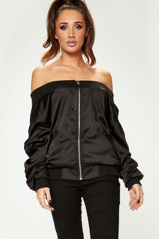 Megan Mckenna Black Satin Bardot Bomber Jacket