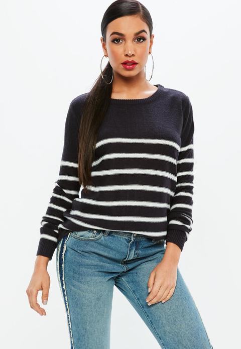 Navy Nautical Stripe Zip Back Jumper, Navy