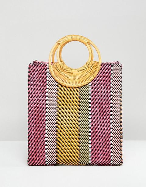 Bolso Shopper Pequeño De Paja A Rayas Con Asa De Bambú De Asos Design