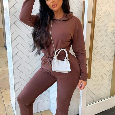 Brown Cropped Hoodie And Jogger Lounge Set