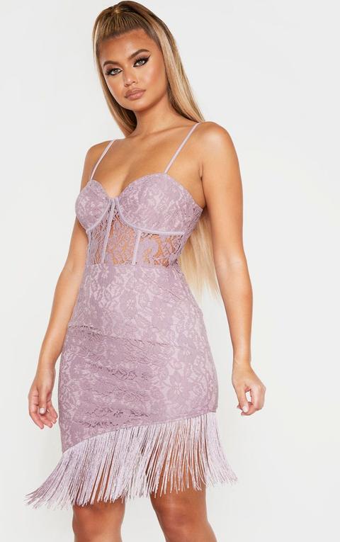 Dusty Lilac Lace Cup Detail Tassel Hem Bodycon Dress