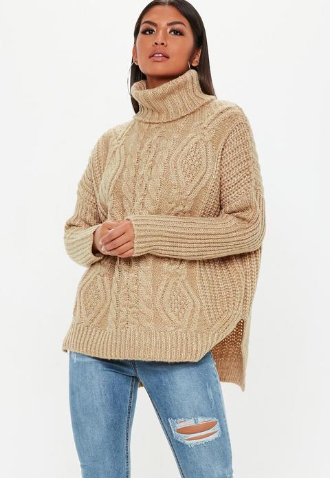 Brown Oversized Roll Neck Cable Knitted Jumper, Beige