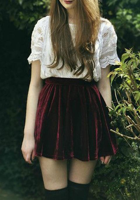 Burgundy Pleated Elastic Waist High Waisted Elegant Pleuche Skirt