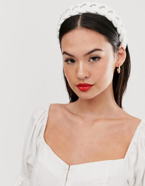 Asos Design Headband In Woven Plait Design With Crystal Embellishment-white