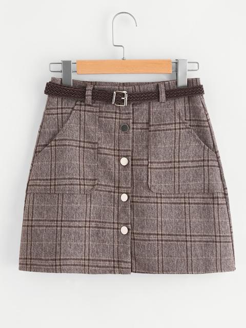 Single Breasted Checked Skirt With Belt