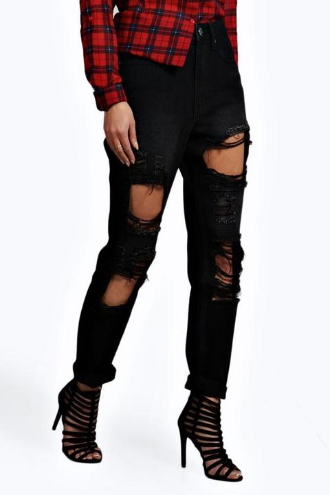 Mid Rise Black Wash Distressed Boyfriend Jeans