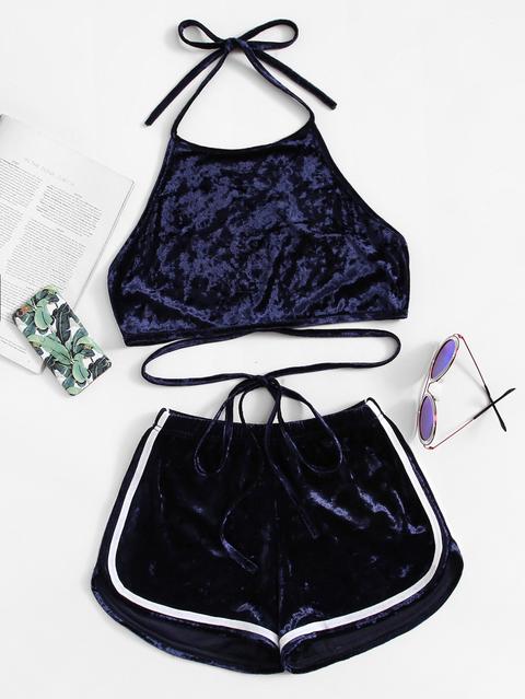 Velvet Open Back Halter Top With Shorts