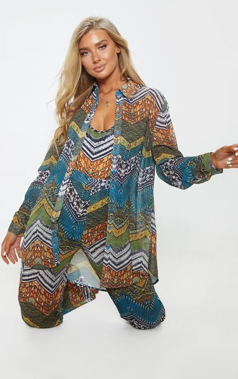 Blue Chevron Tribal Print Beach Shirt, Blue