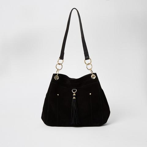 Black Suede Tassel Front Shoulder Bag