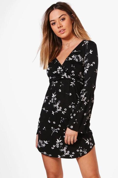 Petite Printed Flute Sleeve Wrap Dress