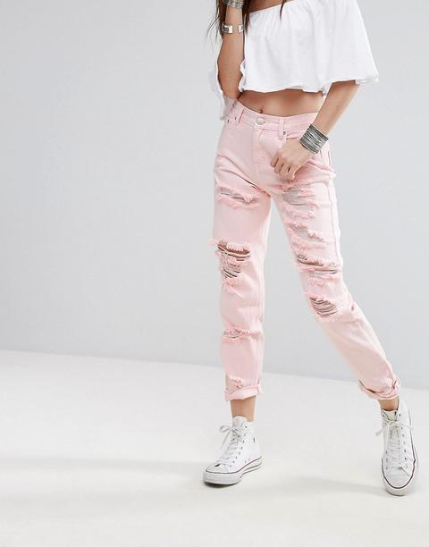 Glamorous - Mom Jeans Strappati Lavaggio Acido - Rosa