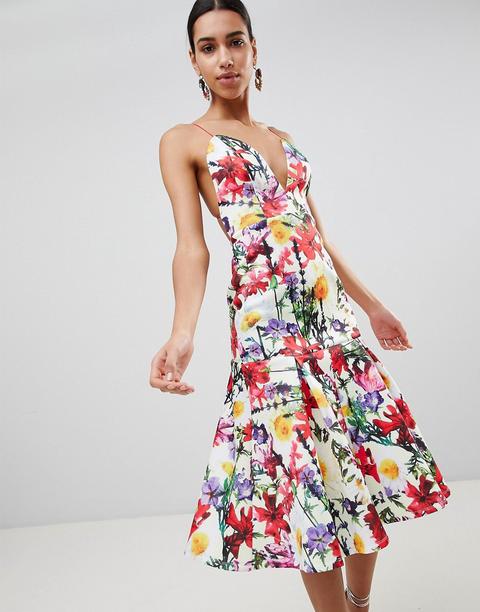 Vestido De Graduación De Neopreno Con Cintura Caída Y Estampado Floral De Asos Premium-multicolor