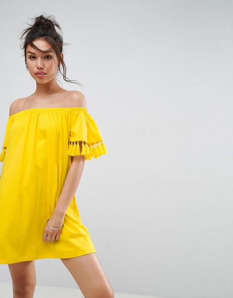 Vestido De Playa Con Escote Bardot Con Detalle De Borlas De Asos