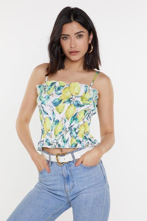 Lemon Print Shirred Square Neck Cami