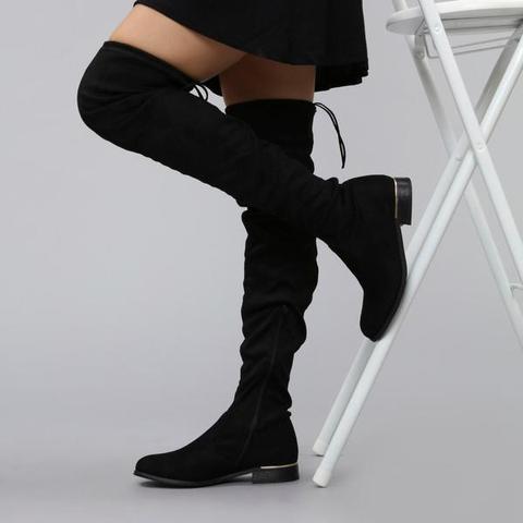 Black Flat Over The Knee Tie Detail Suede Boots