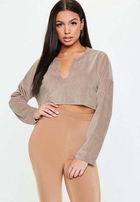 Petite Taupe Velour Notch Neck Sweater, Taupe