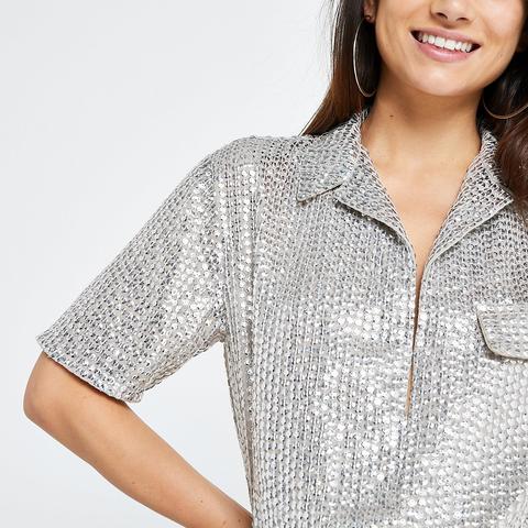 Petite Silver Sequin Embellished Shirt