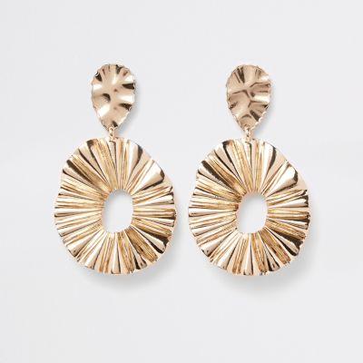 Gold Tone Ridged Oval Hoop Drop Earrings
