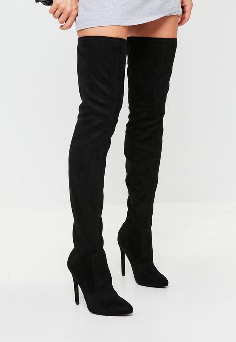 Black Pointed Over The Knee Faux Suede Boots, Black