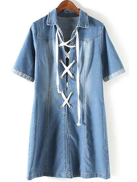 Denim Lace Up Turn Down Collar Short Sleeve Dress
