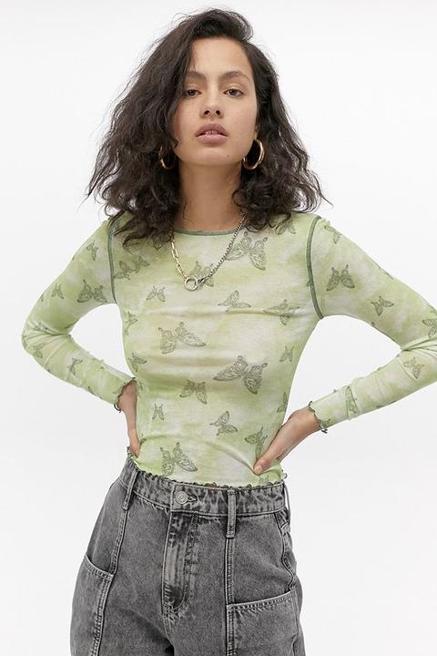 Uo Butterfly Print Mesh Top - Green M ...