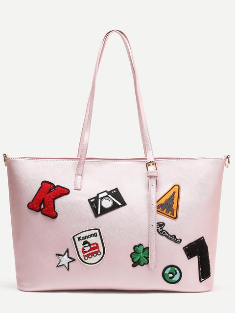 Tote Con Detalle De Parche De Cuero Sintético Rosa