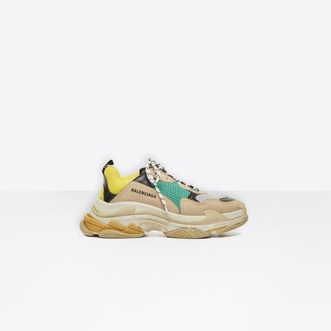 Sneaker Triple S Beige, Jaune Et Verte En Cuir De Veau, Cuir D'agneau Et Maille