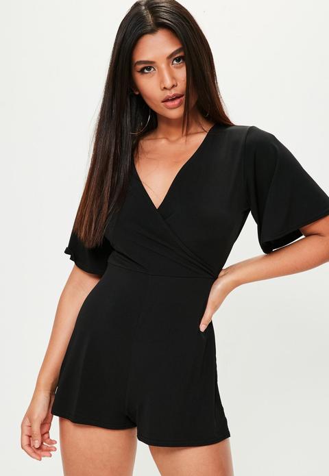 Black Slinky Wrap Playsuit, Black