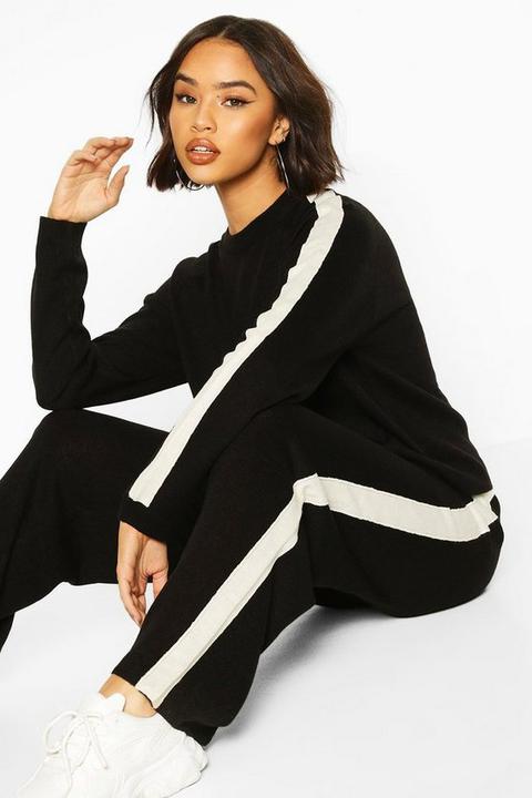 Womens Knitted Crew Neck Colour Block Lounge Set - Black - S, Black