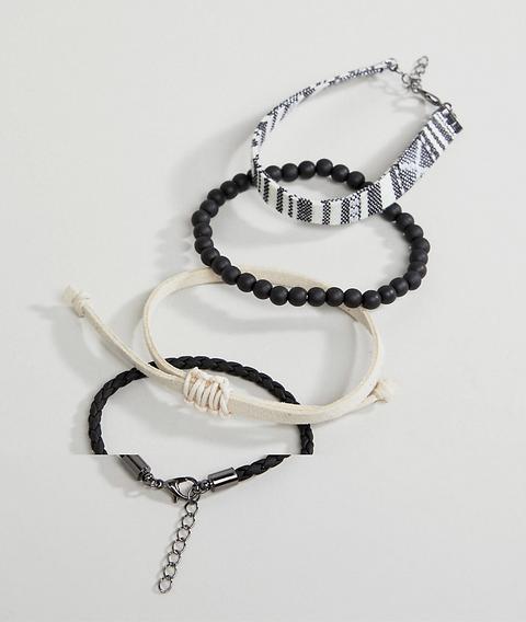 Asos Design - Set Di Bracciali Bianchi E Neri Con Pietre - Nero