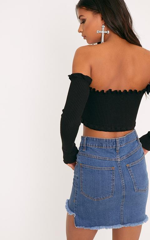 Giani Black Ruffle Detail Knit Bardot Long Sleeve Top