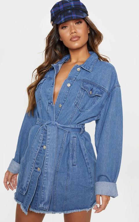 Robe En Jean Moyennement Délavé Avec Lien À La Taille, Délavage Bleu Moyen