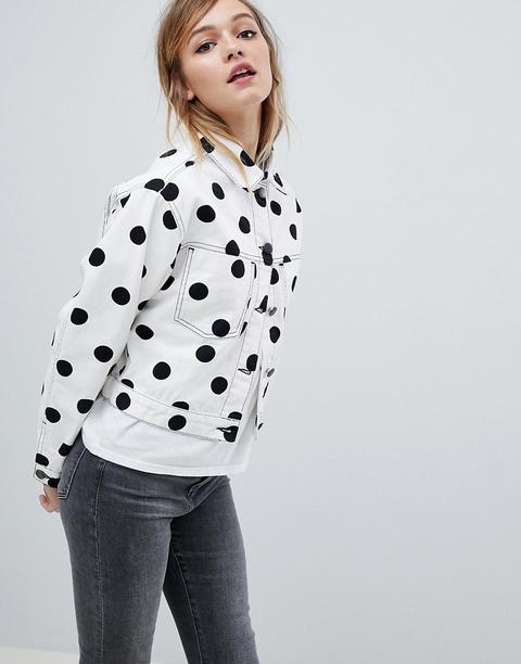 Asos Design Denim Jacket In Polka Dot Print - White/ Black