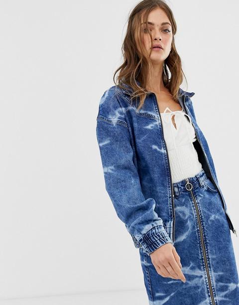 See You Never - Bomber Di Jeans Lavaggio Acido Con Zip - Blu