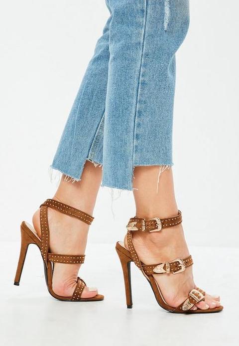 Tan Suedette Western Stud Strappy Barely There Heels, Tan