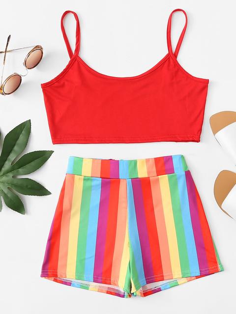 Crop Cami Top Con Shorts A Righe Arcobaleno