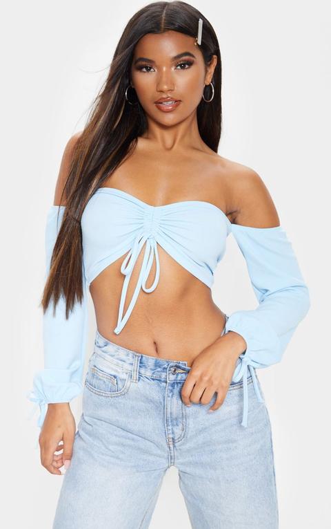 white ruched detail bardot long sleeve crop top