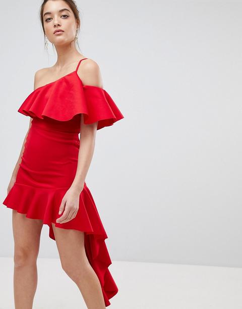 Asos - Vestitino Fasciante Asimmetrico Con Volant - Rosso