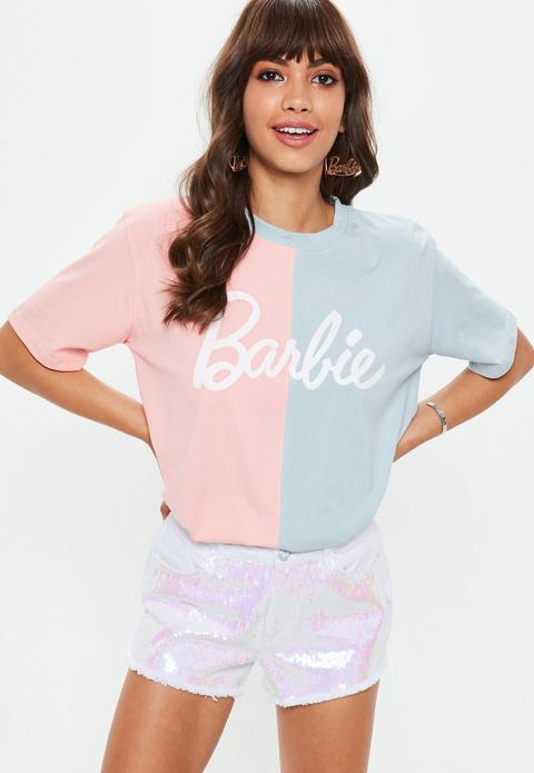 Barbie X Missguided Pink Spliced Logo T Shirt, Blue