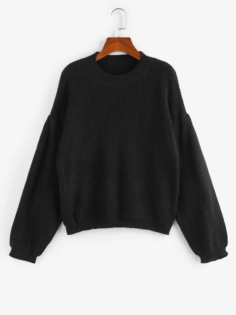 Zaful Latern Sleeve Solid Jumper Sweater Black