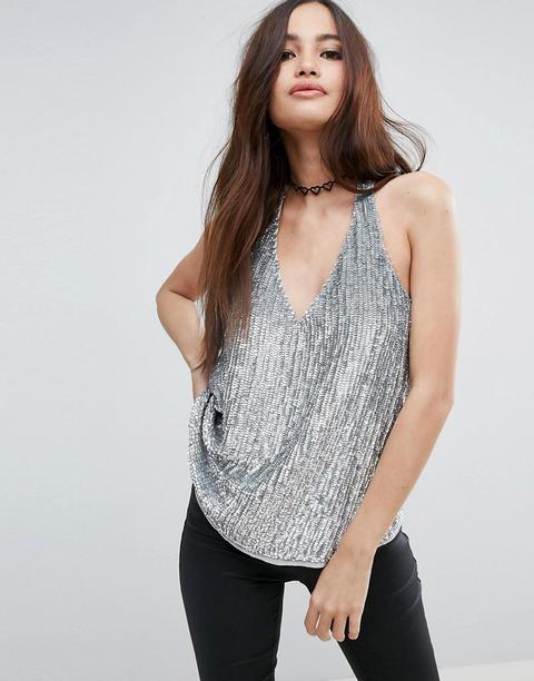 Top Con Cuello Halter Escotado Y Lentejuelas De Asos