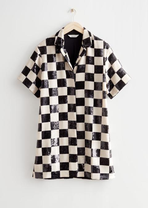 Checkered Sequin Mini Dress - Black