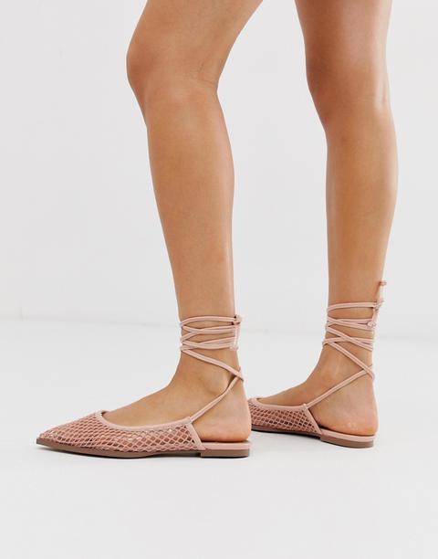 Asos Design Lucid Mesh Tie Leg Ballet Flats In Beige