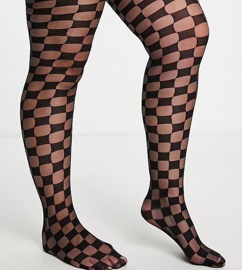 Asos Design Curve Checkerboard Tights In Black