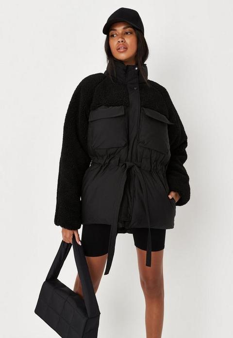 Tall Black Borg Teddy Tie Waist Puffer Coat, Black