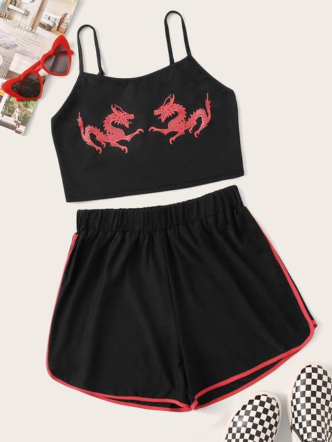 Shorts Con Bordo A Contrasto E Top Corto Con Bretelle Sottile E Stampa Dtago