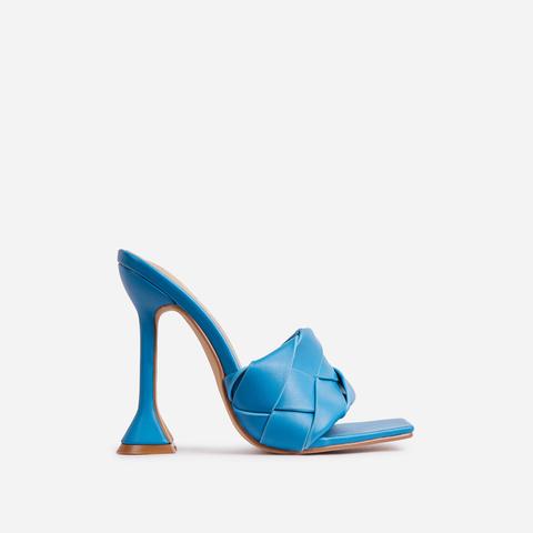 Handled Woven Square Peep Toe Sculptured Heel Mule In Blue Faux Leather, Blue