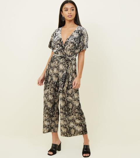 Petite Brown Velvet Snake Print Wrap Jumpsuit New Look