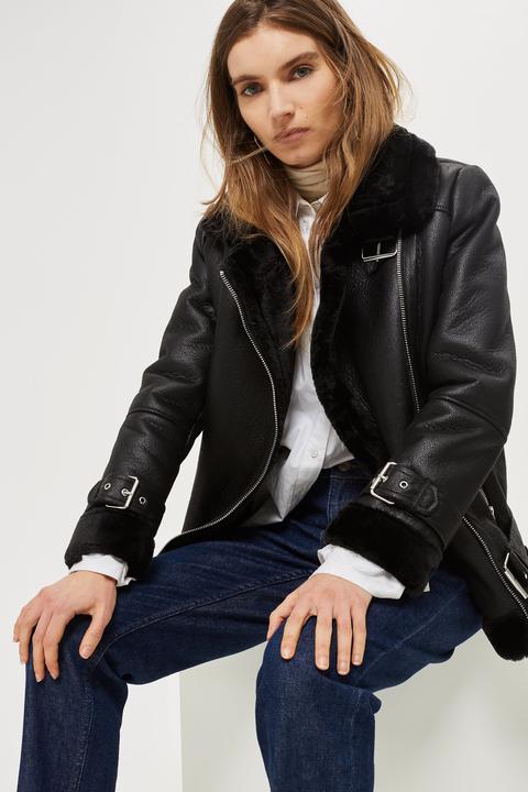 Womens Faux Shearling Biker Jacket - Black, Black