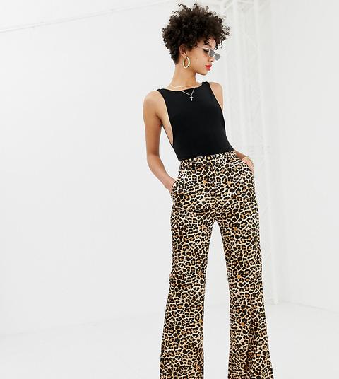 Na-kd Flared Leopard Print Satin Trousers In Beige-multi